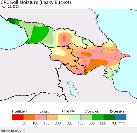 Azerbaijan, Armenia and Georgia CPC Soil Moisture (Leaky Bucket) Thematic Map For 4/21/2023 - 4/25/2023