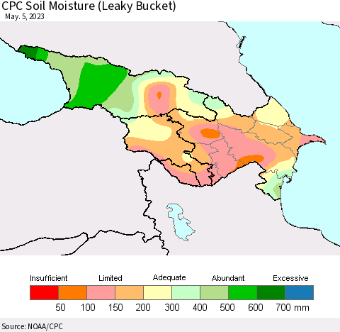 Azerbaijan, Armenia and Georgia CPC Soil Moisture (Leaky Bucket) Thematic Map For 5/1/2023 - 5/5/2023