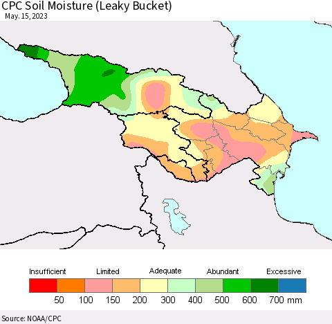 Azerbaijan, Armenia and Georgia CPC Soil Moisture (Leaky Bucket) Thematic Map For 5/11/2023 - 5/15/2023