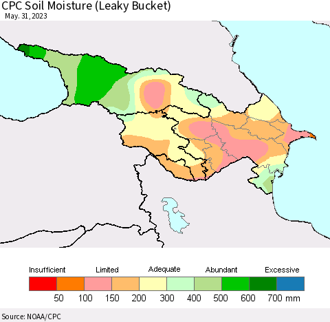 Azerbaijan, Armenia and Georgia CPC Soil Moisture (Leaky Bucket) Thematic Map For 5/26/2023 - 5/31/2023