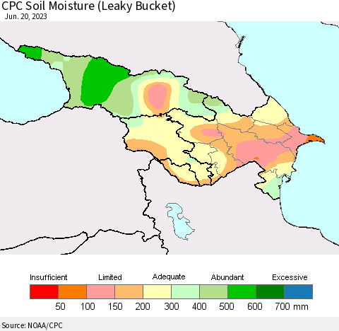Azerbaijan, Armenia and Georgia CPC Soil Moisture (Leaky Bucket) Thematic Map For 6/16/2023 - 6/20/2023
