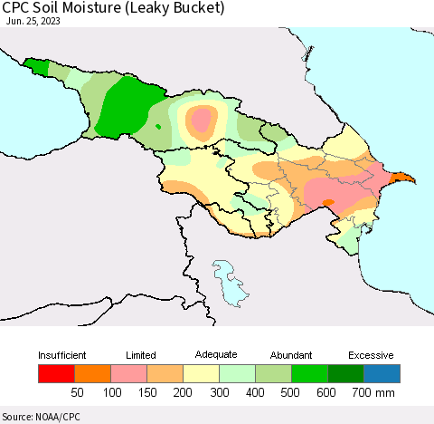 Azerbaijan, Armenia and Georgia CPC Soil Moisture (Leaky Bucket) Thematic Map For 6/21/2023 - 6/25/2023