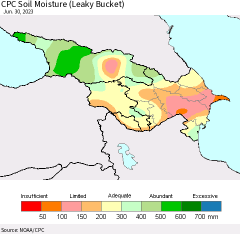 Azerbaijan, Armenia and Georgia CPC Soil Moisture (Leaky Bucket) Thematic Map For 6/26/2023 - 6/30/2023