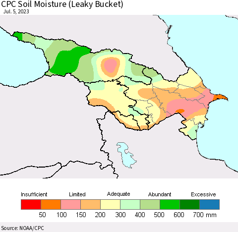 Azerbaijan, Armenia and Georgia CPC Soil Moisture (Leaky Bucket) Thematic Map For 7/1/2023 - 7/5/2023