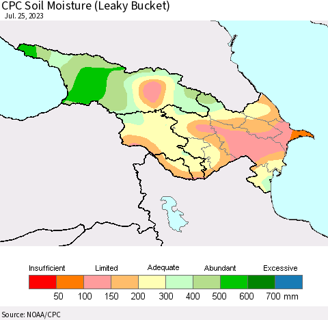 Azerbaijan, Armenia and Georgia CPC Soil Moisture (Leaky Bucket) Thematic Map For 7/21/2023 - 7/25/2023
