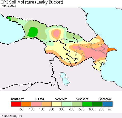 Azerbaijan, Armenia and Georgia CPC Soil Moisture (Leaky Bucket) Thematic Map For 8/1/2023 - 8/5/2023
