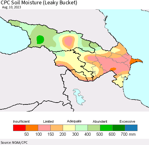 Azerbaijan, Armenia and Georgia CPC Soil Moisture (Leaky Bucket) Thematic Map For 8/6/2023 - 8/10/2023