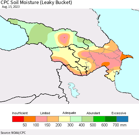 Azerbaijan, Armenia and Georgia CPC Soil Moisture (Leaky Bucket) Thematic Map For 8/11/2023 - 8/15/2023