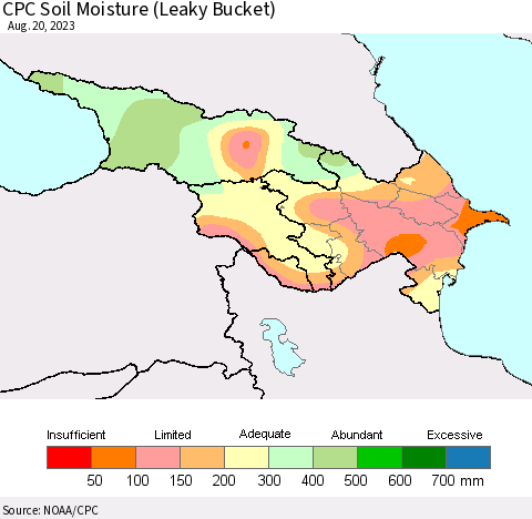 Azerbaijan, Armenia and Georgia CPC Soil Moisture (Leaky Bucket) Thematic Map For 8/16/2023 - 8/20/2023