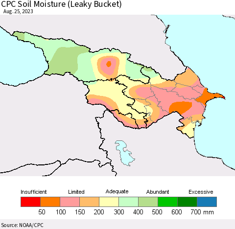 Azerbaijan, Armenia and Georgia CPC Soil Moisture (Leaky Bucket) Thematic Map For 8/21/2023 - 8/25/2023