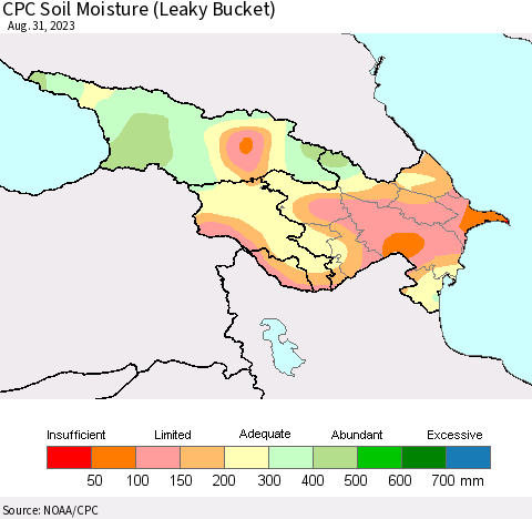 Azerbaijan, Armenia and Georgia CPC Soil Moisture (Leaky Bucket) Thematic Map For 8/26/2023 - 8/31/2023