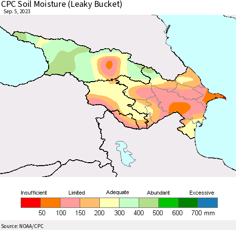 Azerbaijan, Armenia and Georgia CPC Soil Moisture (Leaky Bucket) Thematic Map For 9/1/2023 - 9/5/2023