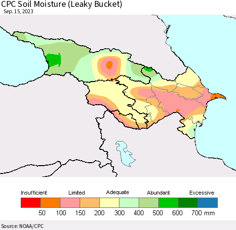 Azerbaijan, Armenia and Georgia CPC Soil Moisture (Leaky Bucket) Thematic Map For 9/11/2023 - 9/15/2023