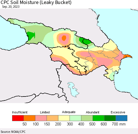Azerbaijan, Armenia and Georgia CPC Soil Moisture (Leaky Bucket) Thematic Map For 9/16/2023 - 9/20/2023