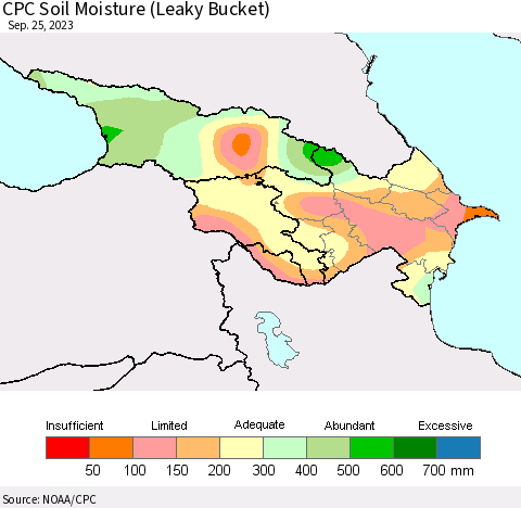 Azerbaijan, Armenia and Georgia CPC Soil Moisture (Leaky Bucket) Thematic Map For 9/21/2023 - 9/25/2023