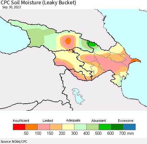 Azerbaijan, Armenia and Georgia CPC Soil Moisture (Leaky Bucket) Thematic Map For 9/26/2023 - 9/30/2023