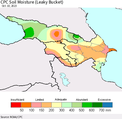Azerbaijan, Armenia and Georgia CPC Soil Moisture (Leaky Bucket) Thematic Map For 10/6/2023 - 10/10/2023