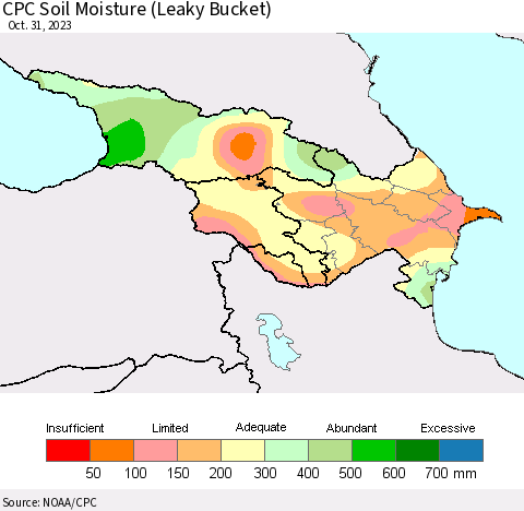 Azerbaijan, Armenia and Georgia CPC Soil Moisture (Leaky Bucket) Thematic Map For 10/26/2023 - 10/31/2023