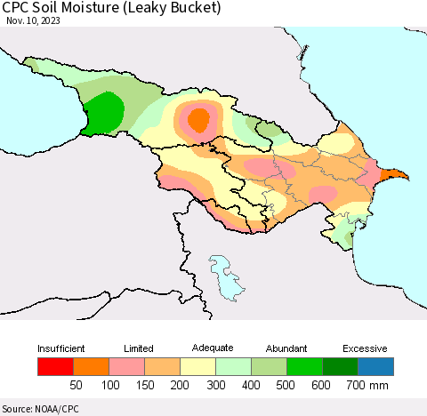 Azerbaijan, Armenia and Georgia CPC Soil Moisture (Leaky Bucket) Thematic Map For 11/6/2023 - 11/10/2023