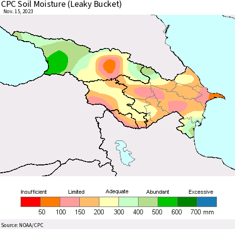 Azerbaijan, Armenia and Georgia CPC Soil Moisture (Leaky Bucket) Thematic Map For 11/11/2023 - 11/15/2023