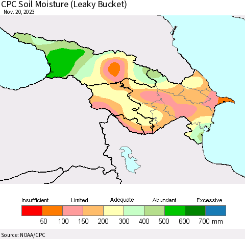 Azerbaijan, Armenia and Georgia CPC Soil Moisture (Leaky Bucket) Thematic Map For 11/16/2023 - 11/20/2023