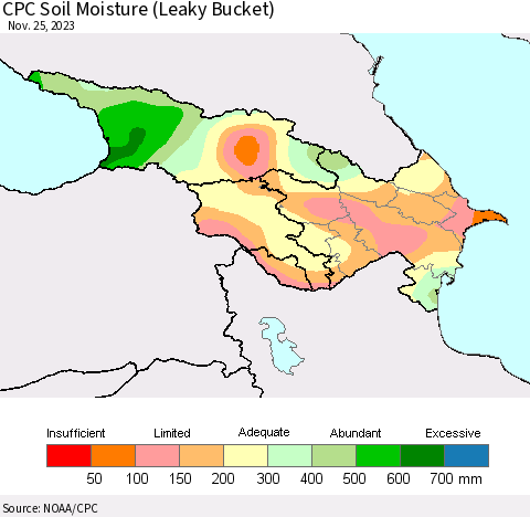 Azerbaijan, Armenia and Georgia CPC Soil Moisture (Leaky Bucket) Thematic Map For 11/21/2023 - 11/25/2023