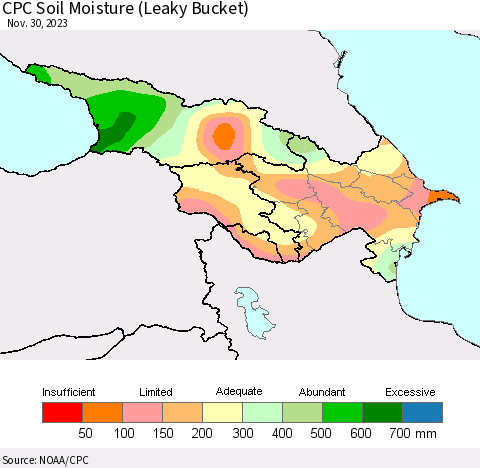 Azerbaijan, Armenia and Georgia CPC Soil Moisture (Leaky Bucket) Thematic Map For 11/26/2023 - 11/30/2023
