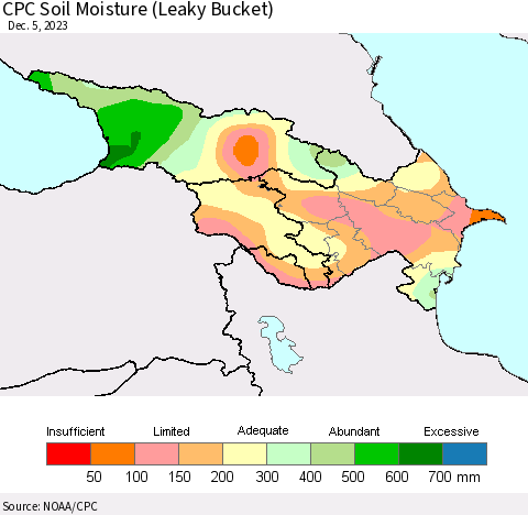 Azerbaijan, Armenia and Georgia CPC Soil Moisture (Leaky Bucket) Thematic Map For 12/1/2023 - 12/5/2023