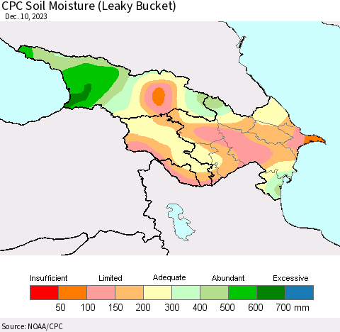 Azerbaijan, Armenia and Georgia CPC Soil Moisture (Leaky Bucket) Thematic Map For 12/6/2023 - 12/10/2023