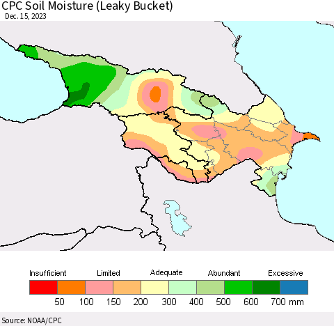 Azerbaijan, Armenia and Georgia CPC Soil Moisture (Leaky Bucket) Thematic Map For 12/11/2023 - 12/15/2023