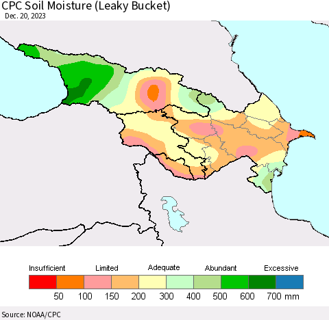Azerbaijan, Armenia and Georgia CPC Soil Moisture (Leaky Bucket) Thematic Map For 12/16/2023 - 12/20/2023