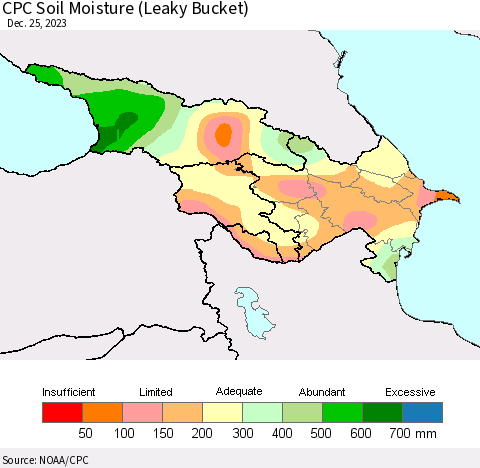 Azerbaijan, Armenia and Georgia CPC Soil Moisture (Leaky Bucket) Thematic Map For 12/21/2023 - 12/25/2023