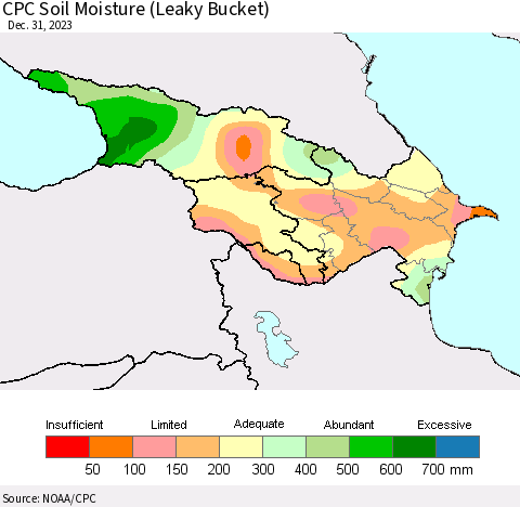 Azerbaijan, Armenia and Georgia CPC Soil Moisture (Leaky Bucket) Thematic Map For 12/26/2023 - 12/31/2023