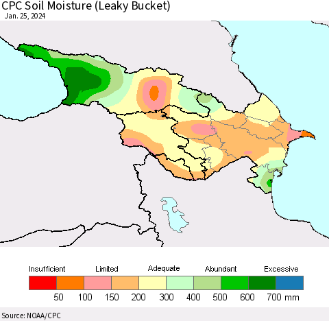Azerbaijan, Armenia and Georgia CPC Soil Moisture (Leaky Bucket) Thematic Map For 1/21/2024 - 1/25/2024