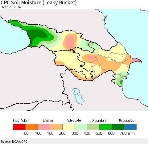 Azerbaijan, Armenia and Georgia CPC Soil Moisture (Leaky Bucket) Thematic Map For 3/16/2024 - 3/20/2024