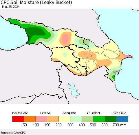 Azerbaijan, Armenia and Georgia CPC Soil Moisture (Leaky Bucket) Thematic Map For 3/21/2024 - 3/25/2024