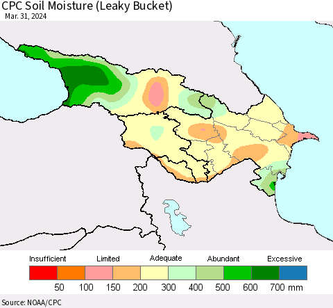 Azerbaijan, Armenia and Georgia CPC Soil Moisture (Leaky Bucket) Thematic Map For 3/26/2024 - 3/31/2024