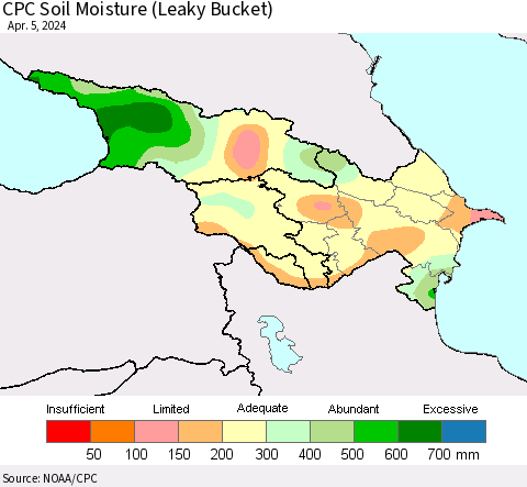 Azerbaijan, Armenia and Georgia CPC Soil Moisture (Leaky Bucket) Thematic Map For 4/1/2024 - 4/5/2024