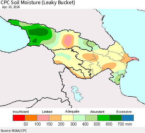 Azerbaijan, Armenia and Georgia CPC Soil Moisture (Leaky Bucket) Thematic Map For 4/6/2024 - 4/10/2024