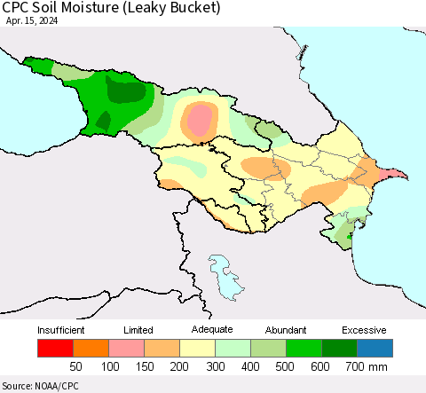 Azerbaijan, Armenia and Georgia CPC Soil Moisture (Leaky Bucket) Thematic Map For 4/11/2024 - 4/15/2024