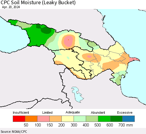 Azerbaijan, Armenia and Georgia CPC Soil Moisture (Leaky Bucket) Thematic Map For 4/16/2024 - 4/20/2024