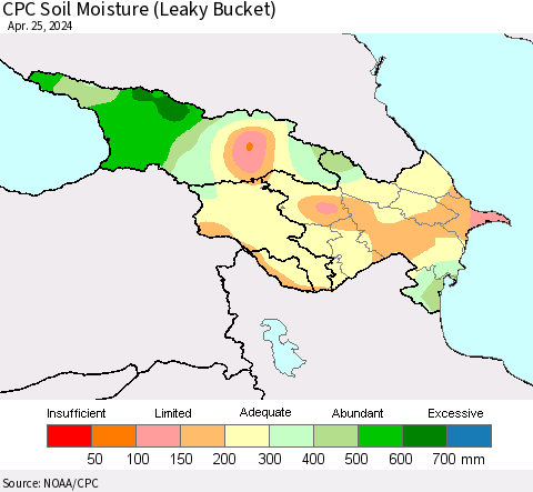 Azerbaijan, Armenia and Georgia CPC Soil Moisture (Leaky Bucket) Thematic Map For 4/21/2024 - 4/25/2024