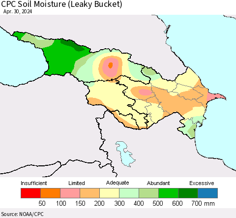 Azerbaijan, Armenia and Georgia CPC Soil Moisture (Leaky Bucket) Thematic Map For 4/26/2024 - 4/30/2024