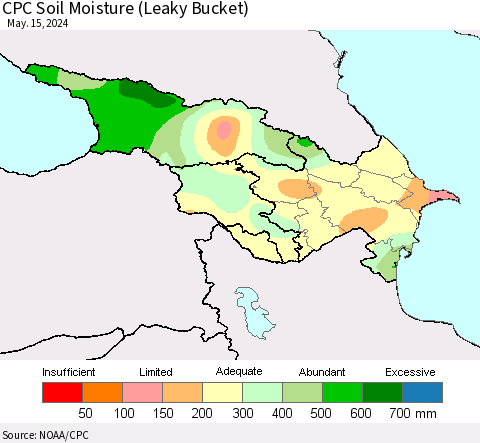 Azerbaijan, Armenia and Georgia CPC Soil Moisture (Leaky Bucket) Thematic Map For 5/11/2024 - 5/15/2024