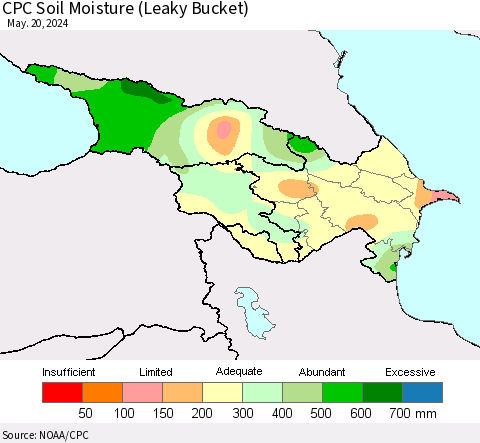 Azerbaijan, Armenia and Georgia CPC Soil Moisture (Leaky Bucket) Thematic Map For 5/16/2024 - 5/20/2024