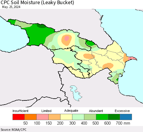 Azerbaijan, Armenia and Georgia CPC Soil Moisture (Leaky Bucket) Thematic Map For 5/21/2024 - 5/25/2024