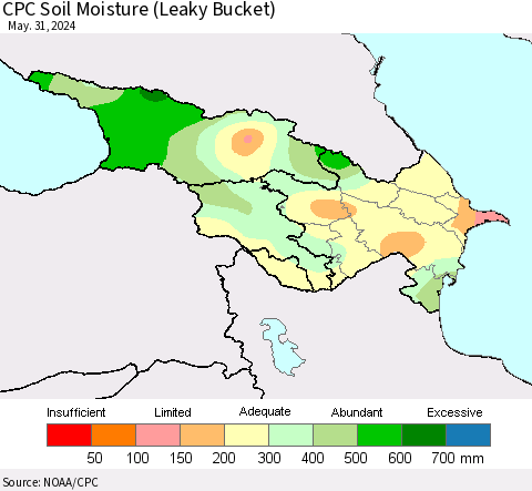 Azerbaijan, Armenia and Georgia CPC Soil Moisture (Leaky Bucket) Thematic Map For 5/26/2024 - 5/31/2024
