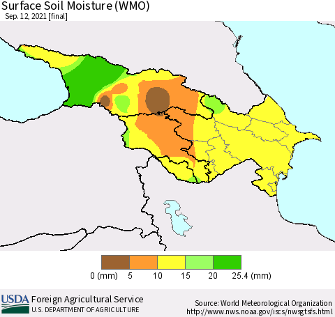 Azerbaijan, Armenia and Georgia Surface Soil Moisture (WMO) Thematic Map For 9/6/2021 - 9/12/2021