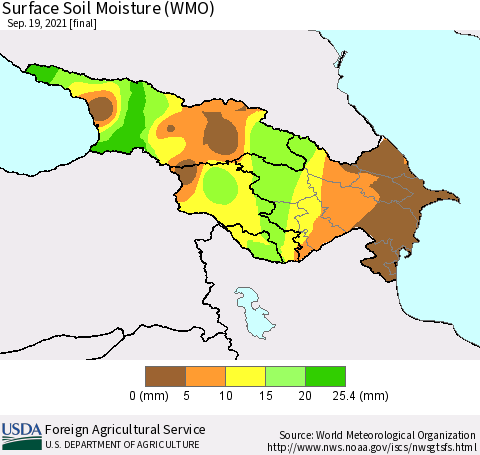Azerbaijan, Armenia and Georgia Surface Soil Moisture (WMO) Thematic Map For 9/13/2021 - 9/19/2021