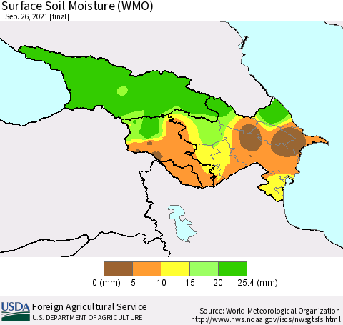 Azerbaijan, Armenia and Georgia Surface Soil Moisture (WMO) Thematic Map For 9/20/2021 - 9/26/2021